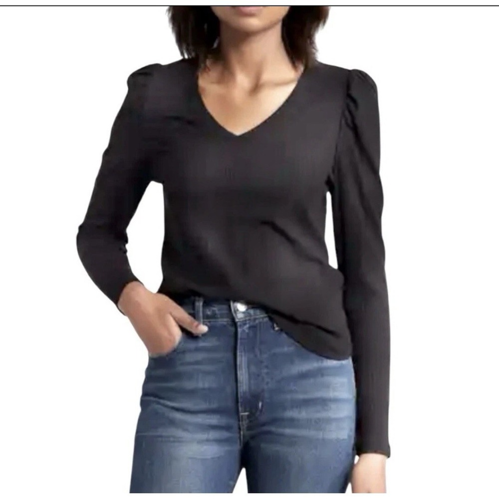 Nation LTD Black V Neck Long Puff Ruched‎ Sleeve Pima Cotton Kristen Top XS